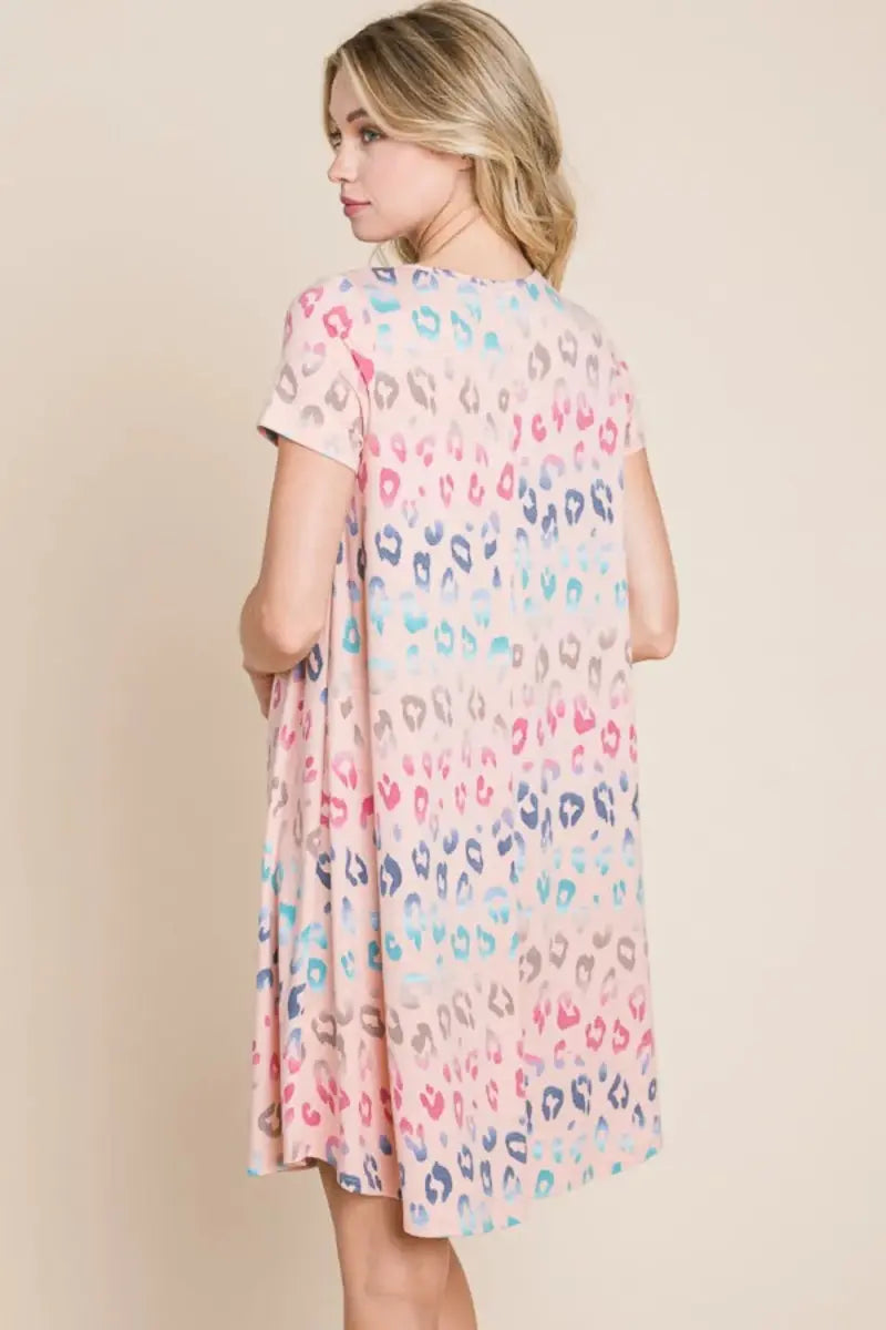 BOMBOM Leopard Round Neck Short Sleeve Dress for Women - Love Salve